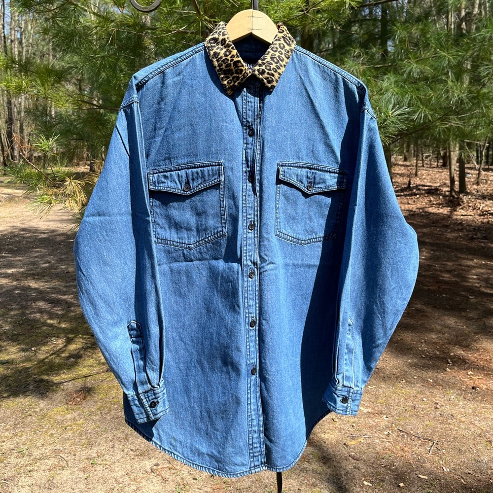 90s Solutions Denim Button-Up Shirt Leopard Collar Animal Print Funky - Picture 1 of 13